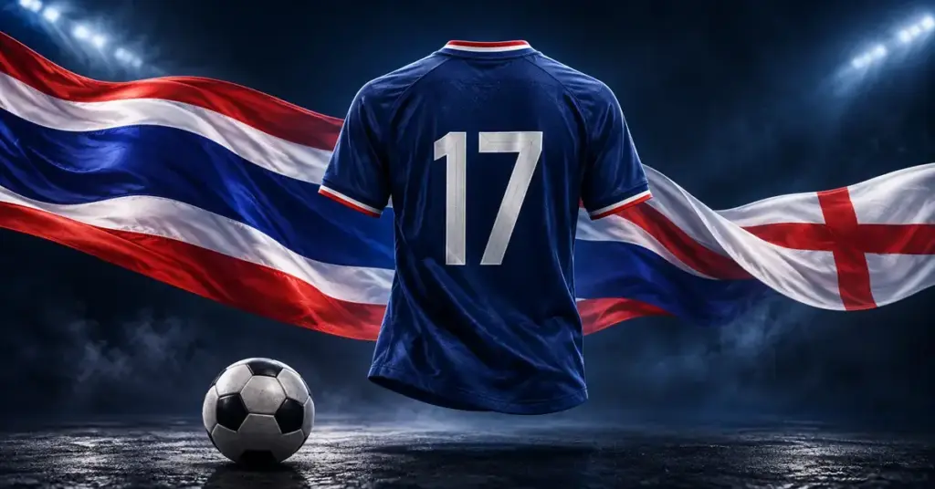 ภาพกราฟิกเสื้อฟุตบอลสีน้ำเงินหมายเลข 17 พร้อมลูกฟุตบอลและธงชาติไทยกับอังกฤษ สื่อถึงเส้นทางนักเตะลูกครึ่งไทย-อังกฤษของจู๊ด ซุ่นทรัพย์ เบลล์